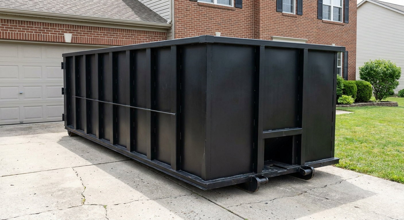 Matte-black 20-yard roll-off container on a Reading residential concrete driveway with reinforced ribbed steel sidewalls and a hinged rear walk-in door, clean bright daylight.