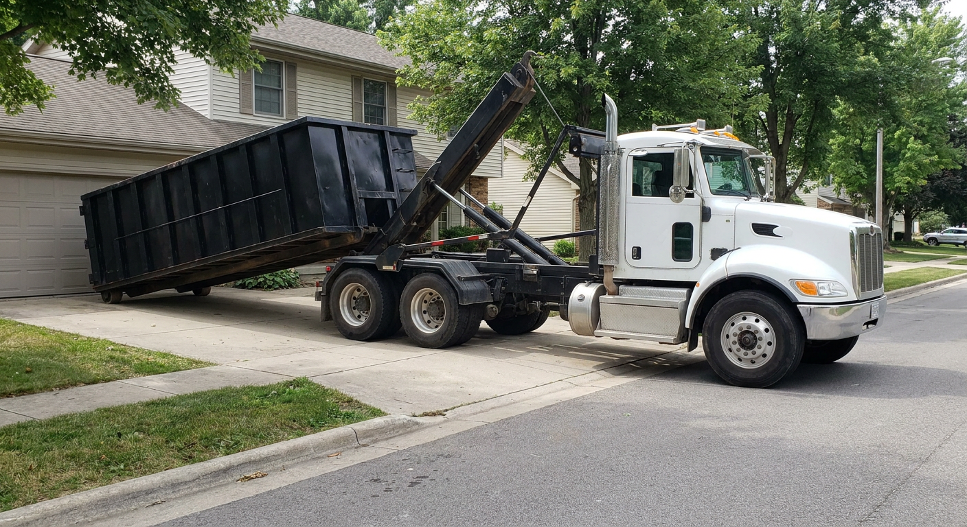 White-cab hooklift roll-off truck actively lowering a matte-black dumpster onto a Reading residential concrete driveway, the dumpster's rear wheels touching the driveway as the hoist arm tilts the bed forward, mid-morning daylight.