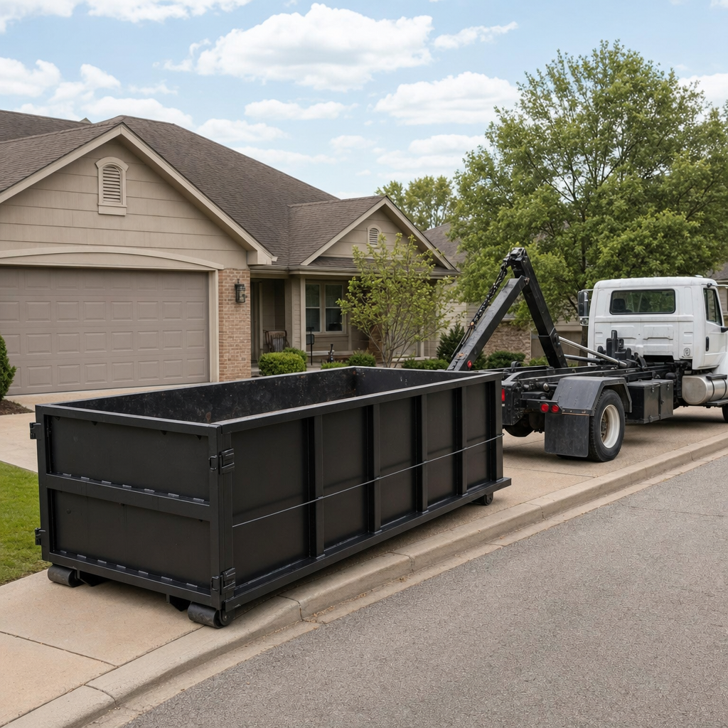 Wide documentary shot of a matte-black roll-off dumpster on a Reading residential driveway in the foreground and a contractor jobsite container in the soft-focus background, bright daylight, calm and orderly composition.